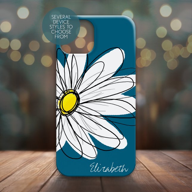 Trendy Daisy Floral Illustration - blue and yellow Case-Mate iPhone Case (Personalized Phone Case - Whimsical Daisy with Custom Name)