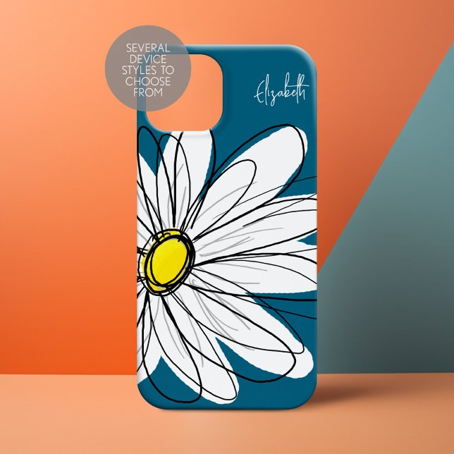 Trendy Daisy Floral Illustration blue and yellow Case-Mate iPhone Case (Personalized Phone Case with Whimsical Daisy and Custom Name)