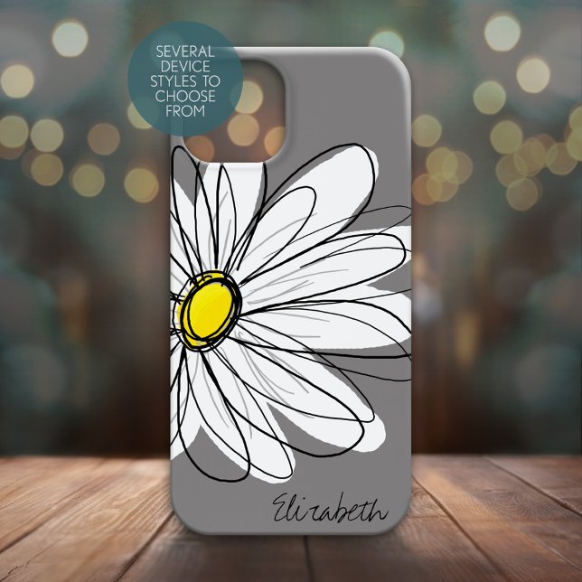 Trendy Daisy Floral Illustration - grey and yellow Case-Mate iPhone Case (Personalized Phone Case - Whimsical Daisy with Custom Name)