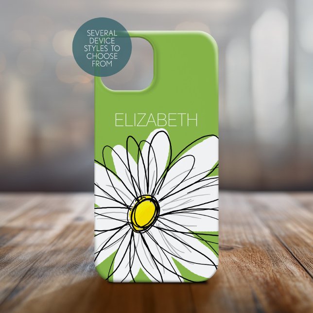 Trendy Daisy Floral Illustration - lime and yellow Case-Mate iPhone Case (Personalized Phone Case with Whimsical Daisy and Custom Name)