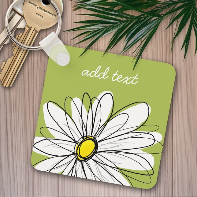 Trendy Daisy Floral Illustration - lime and yellow Key Ring (Personalized keychain - Whimsical Daisy)