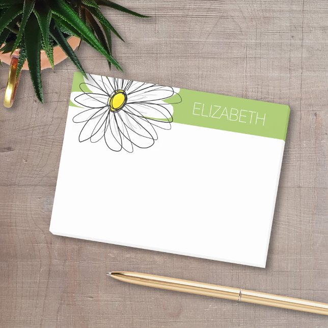 Trendy Daisy Floral Illustration - lime and yellow Post-it Notes (Personalized post-it notes with a name and whimsical daisy.)