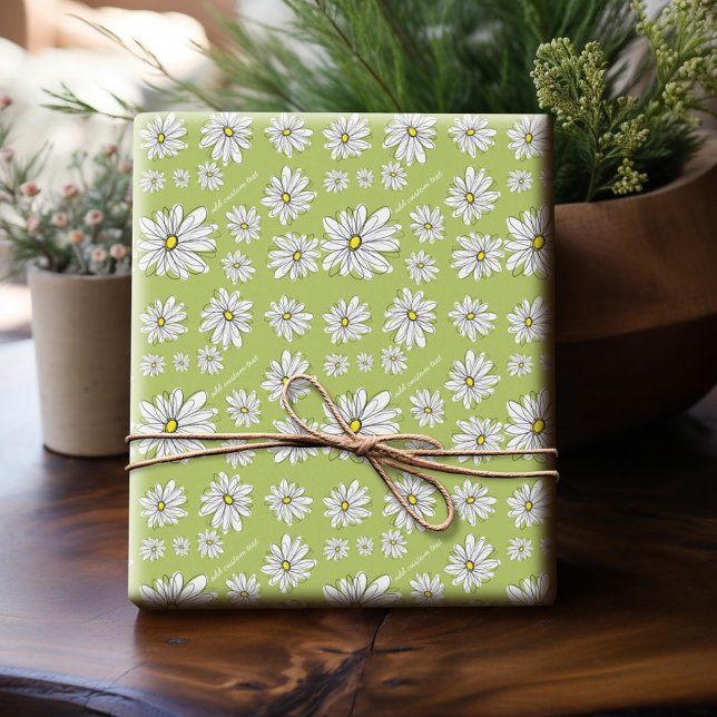 Trendy Daisy Floral Illustration - lime and yellow Wrapping Paper (Personalized Wrapping Paper)