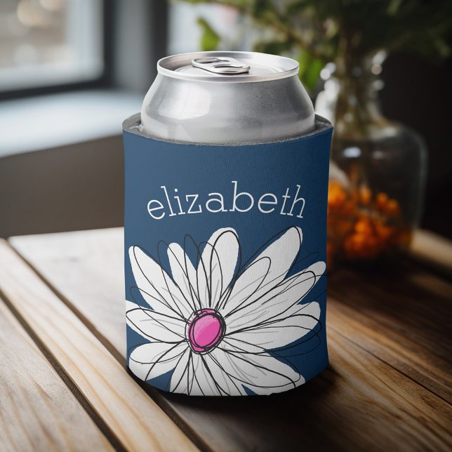 Trendy Daisy Floral Illustration - navy and pink Can Cooler (Personalized can cooler with a place to add a name or other custom text)