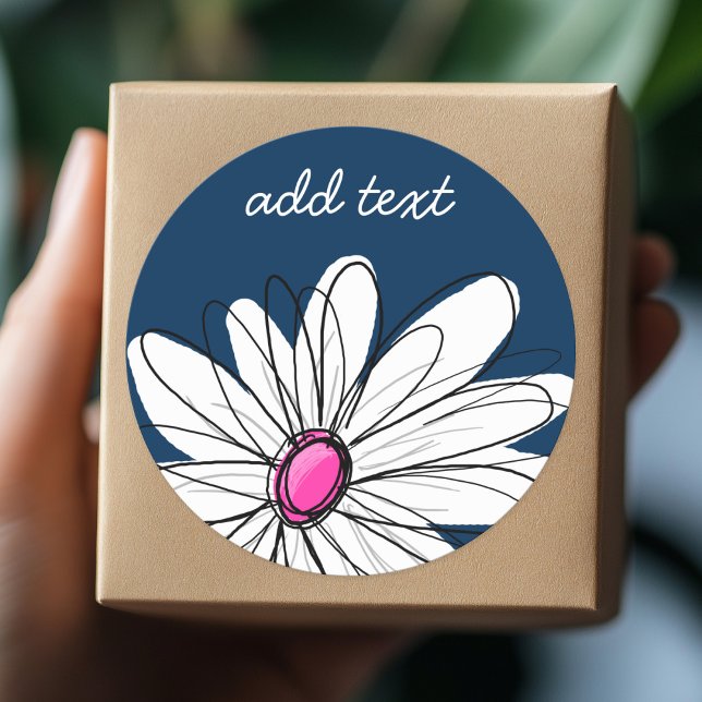 Trendy Daisy Floral Illustration - navy and pink Classic Round Sticker (Personalized Sticker)