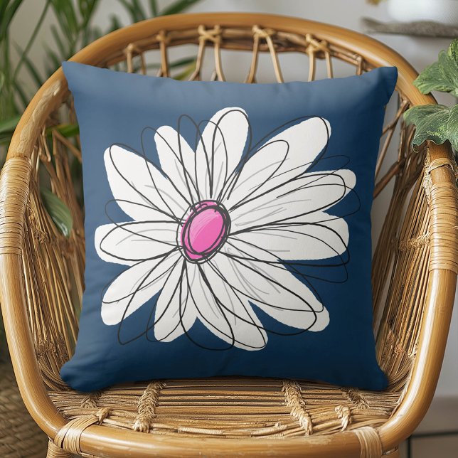 Trendy Daisy Floral Illustration - navy and pink Cushion (Daisy Pillow)