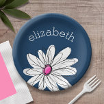 Trendy Daisy Floral Illustration - navy and pink Paper Plate<br><div class="desc">A zen and whimsical,  hipster piece of art. You can add a name,  monogram or other custom text. If you need to move the art around,  click on the customise button to make changes.</div>