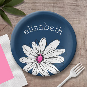 Trendy Daisy Floral Illustration - navy and pink Paper Plate