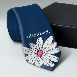 Trendy Daisy Floral Illustration - navy and pink Tie