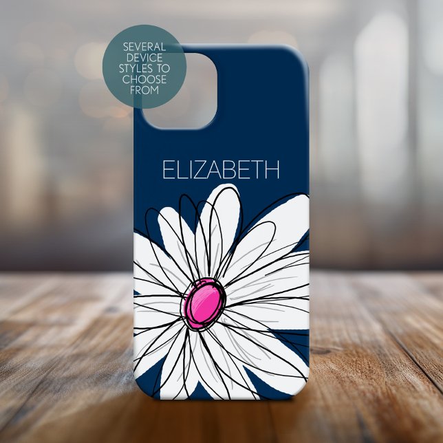 Trendy Daisy Floral Illustration - navy pink Case-Mate iPhone Case (Personalized Phone Case with Whimsical Daisy and Custom Name)