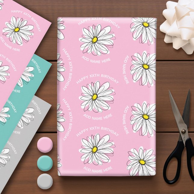 Trendy Daisy Happy Birthday Colourful Flower Wrapping Paper Sheet (Custom Wrapping Paper)
