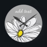Trendy Daisy with gray and yellow Round Clock<br><div class="desc">A zen and whimsical,  hipster piece of art. You can add a name,  monogram or other custom text. If you need to move the art around,  click on the customize button to make changes.</div>