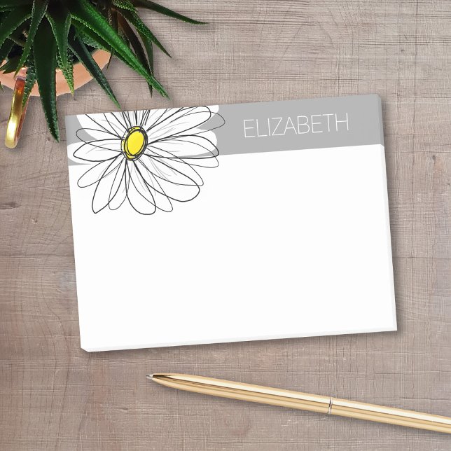 Trendy Daisy with grey and yellow Post-it Notes (Personalized post-it notes with a monogram and whimsical daisy drawing - low quantity available)
