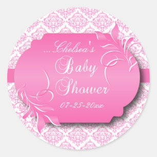 Trendy Damask and Pink for a Baby Shower Classic Round Sticker