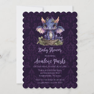 Trendy Damask Purple Dragon Girl Boy Baby Shower Invitation