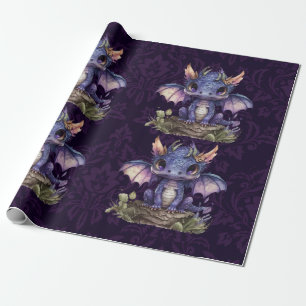Trendy Damask Purple Dragon Girl Boy Baby Shower Wrapping Paper