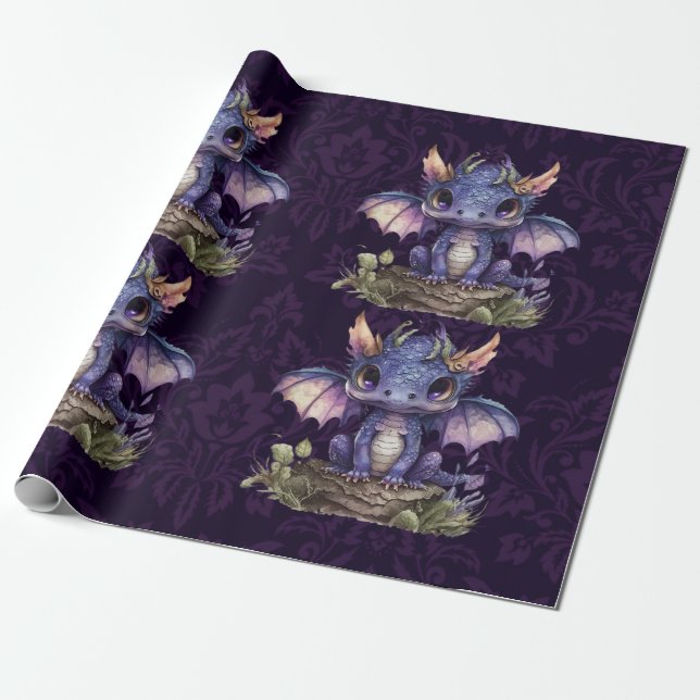 Trendy Damask Purple Dragon Girl Boy Baby Shower Wrapping Paper (Unrolled)