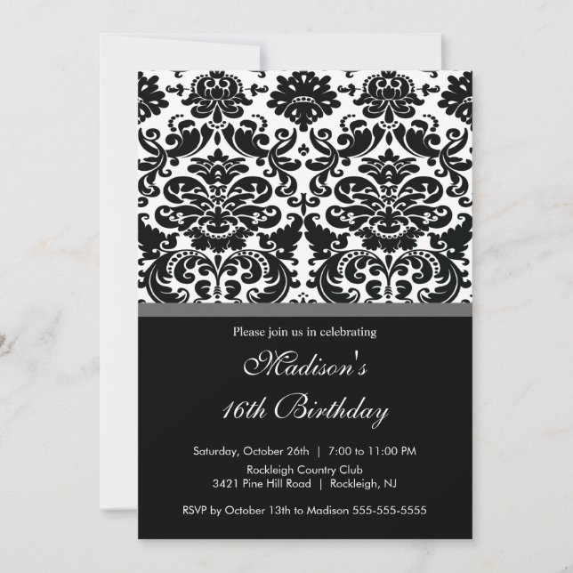 Trendy Damask Sweet Sixteen Birthday Invitation (Front)