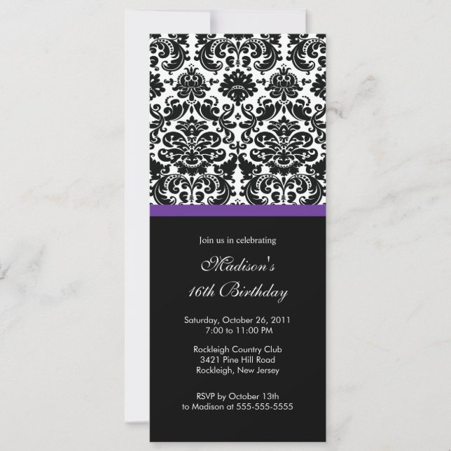 Trendy Damask Sweet Sixteen Birthday Invitation (Front)