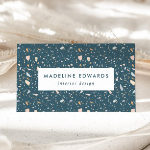 Trendy Dark Blue & Peach Terrazzo Business Card