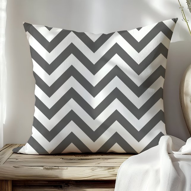 Trendy Dark Grey and White Chevron Zigzag Stripes Cushion (Creator Uploaded)