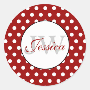 Trendy Dark red and White polka dots Monogram Classic Round Sticker