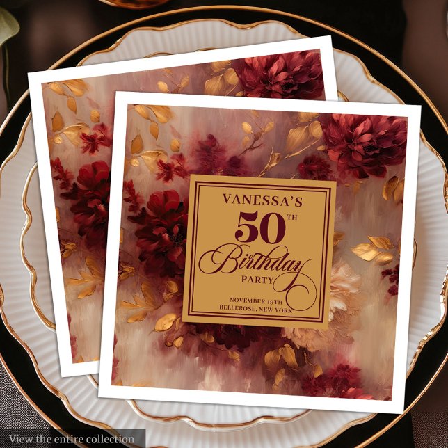 Trendy Dark Red Blush Gold Flowers 50th Birthday   Napkin (Trendy Dark Red Blush Gold Flowers 50th Birthday Paper Dinner Napkins)