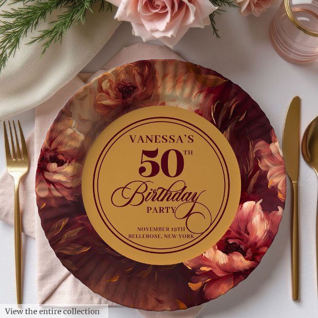 Trendy Dark Red Blush Gold Flowers 50th Birthday  Paper Plate (Trendy Dark Red Blush Gold Flowers 50th Birthday Paper Plates)