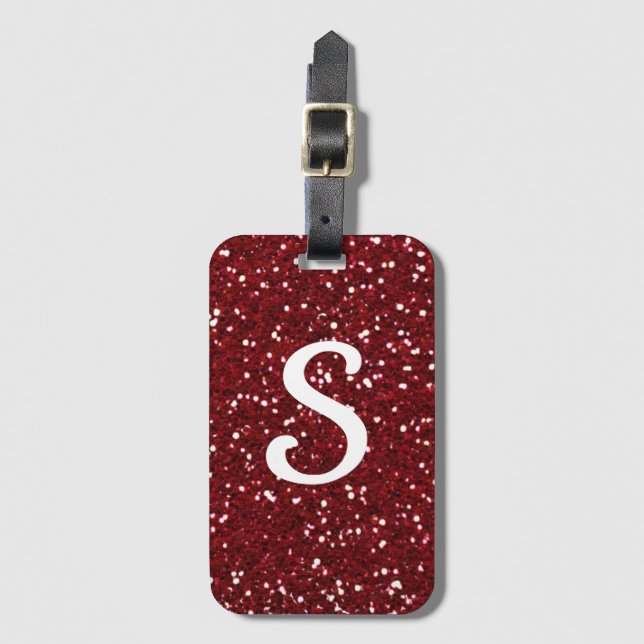 Trendy Dark Red Glitter Monogram Initial Luggage Tag (Front Vertical)