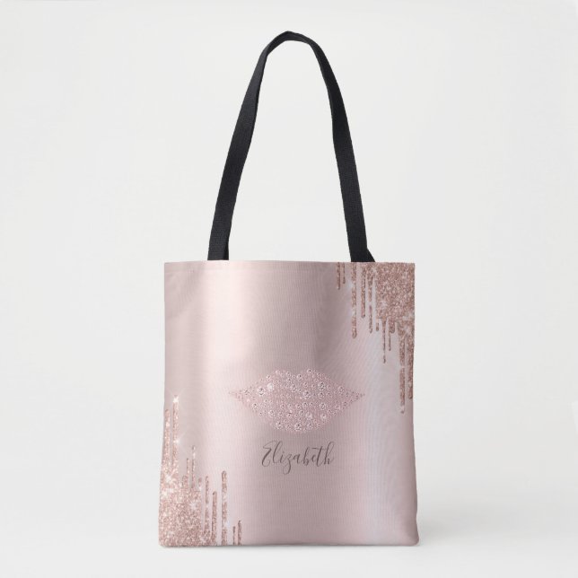Trendy Diamonds Lips Rose Gold Glitter Drips  Tote Bag (Front)