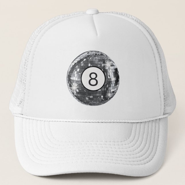 Trendy Disco Ball Motif, 8 Ball Art, Retro Vibes Trucker Hat (Front)