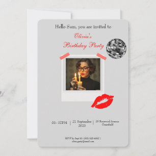 Trendy Disco Polaroid Frame with Red Lips birthday Invitation