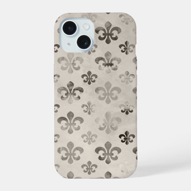 Trendy Distressed Silver Grey Fleur De Lis Pattern iPhone 15 Case (Back)