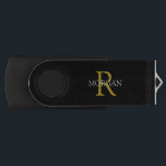 Trendy DIY Monogram & Name, Gold/White Text, Black USB Flash Drive<br><div class="desc">Personalise with your monogram and name in gold and white text on a black background. This stylish and trendy classic design makes a great gift for him or her.</div>