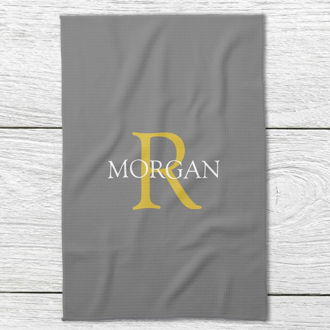 Trendy DIY Monogram & Name, Gold/White Text, Grey Tea Towel (Creator Uploaded)