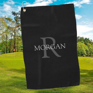 Trendy DIY Monogram & Name, Grey Text, Black Golf Towel