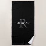 Trendy DIY Monogram & Name, Grey/White Text, Black Beach Towel<br><div class="desc">Personalise with your monogram and name in grey and white text on a black background. This stylish and trendy classic design makes a great gift for him or her.</div>