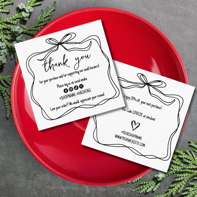 Trendy Doodle Bow Ribbon Small Business Thank You  Square Business Card (Creator Uploaded)