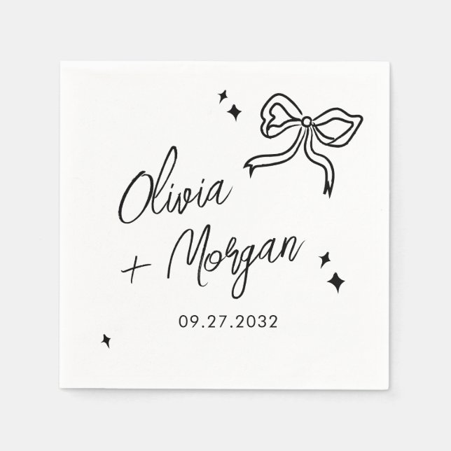 Trendy Doodle Script Ribbon Wedding Napkin (Front)