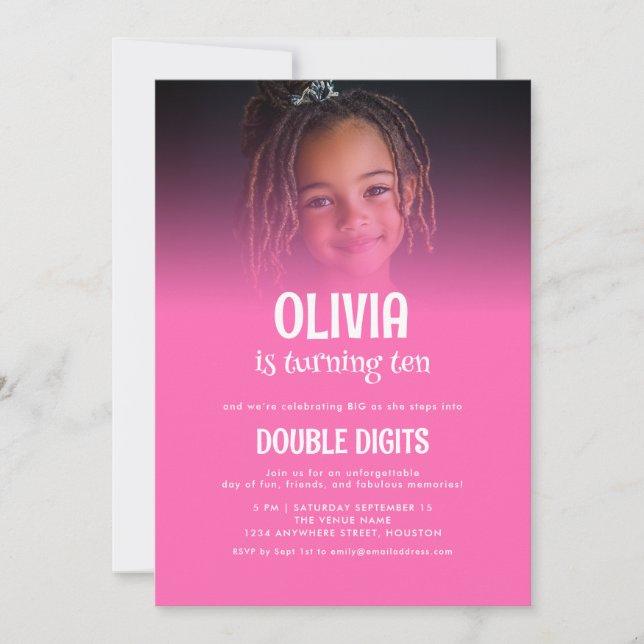 Trendy Double Digits Photo Hot Pink 10th Party Invitation (Front)