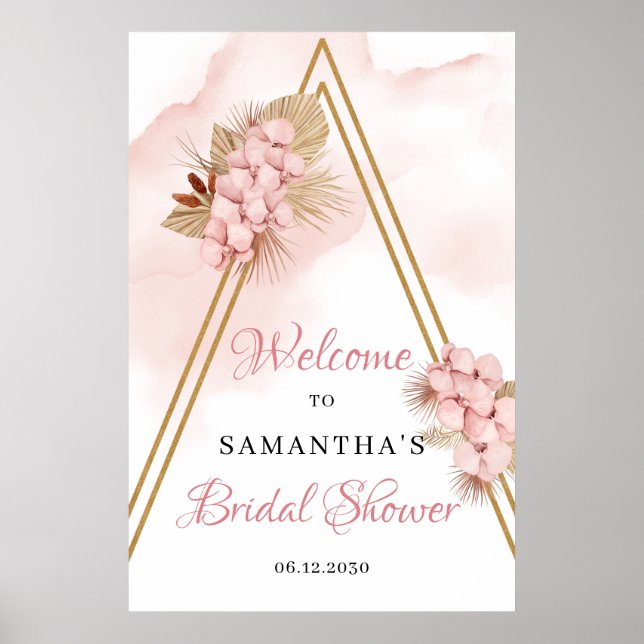 Trendy Dried Palm Blush Pink Bridal Welcome Sign (Front)