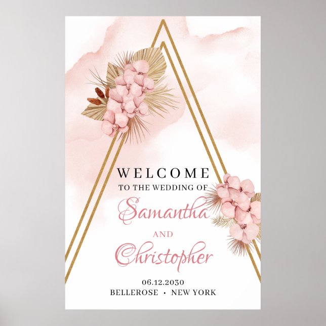 Trendy Dried Palm Blush Pink Wedding Welcome Sign (Front)