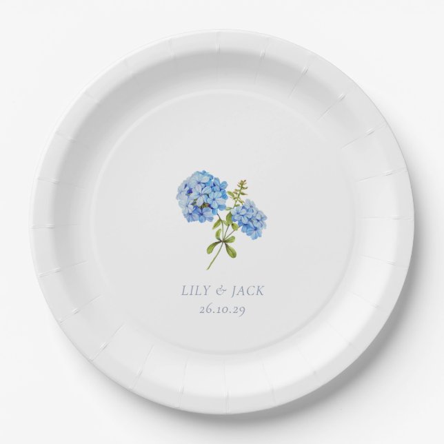Trendy Dusty Blue Floral Hydrangea Event Wedding  Paper Plate (Front)