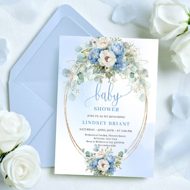 Trendy Dusty Blue Flowers Gold Baby Shower Card (Trendy Dusty Blue Flowers Gold Baby Shower Card

)