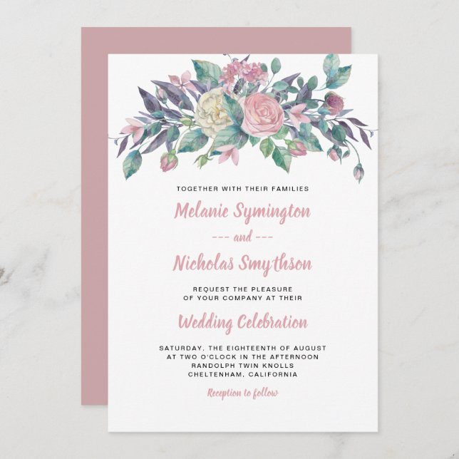 Trendy Dusty Rose Floral wedding invitations (Front/Back)