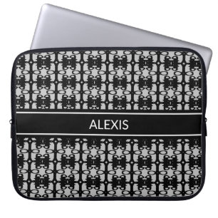 Trendy Editable Black & Silver Abstract Pattern Laptop Sleeve