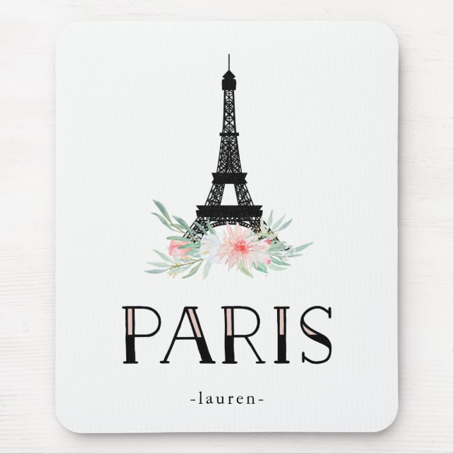 Trendy Eiffel Tower and Blush Pink Flowers | Paris Mouse Pad (Front)