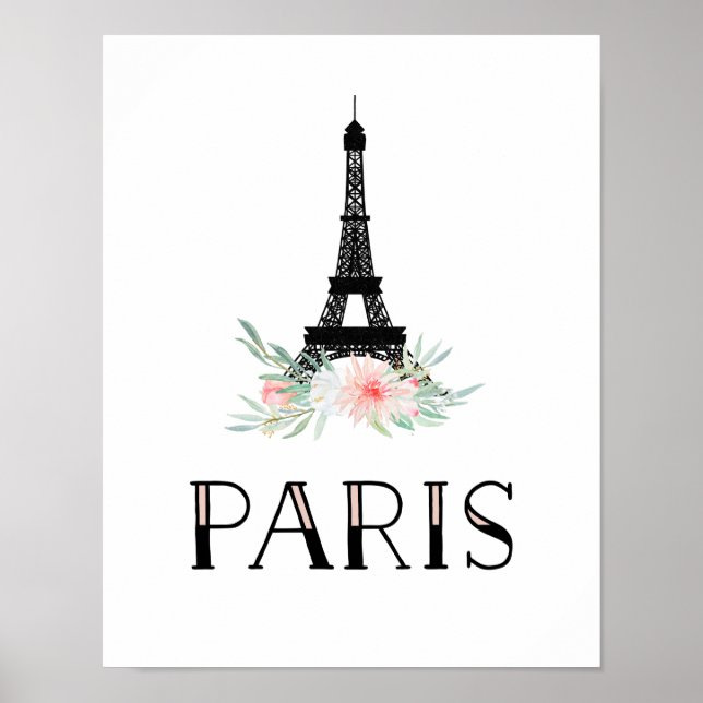 Trendy Eiffel Tower and Blush Pink Flowers | Paris Poster (Front)