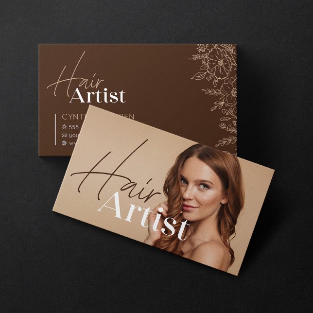 Trendy Elegant Biege Hairstylist Photo Script Business Card (Creator Uploaded)