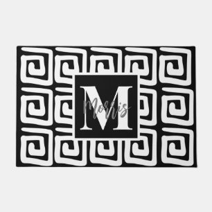 Trendy elegant black and white monogram greek key  doormat